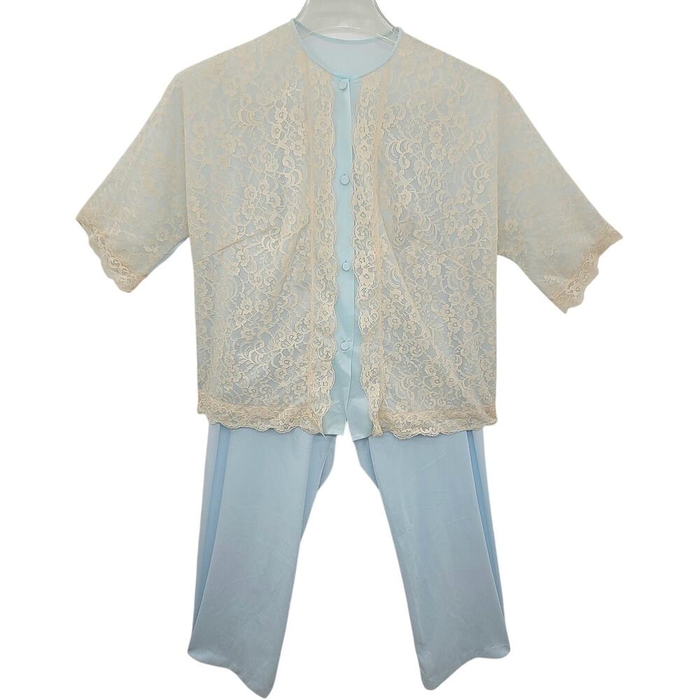 Vanity Fair Vintage Satin‎ Lace Button Up Short Sleeve Pant Pajama Lingerie Set